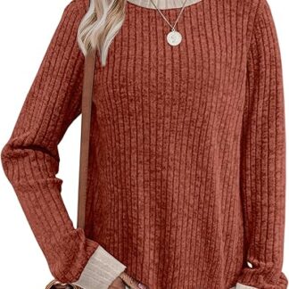 Womens Tops Long Sleeve Shirts Lightweight Sweaters Loose Fit Crewneck Color Block Fall Fashion Outfits