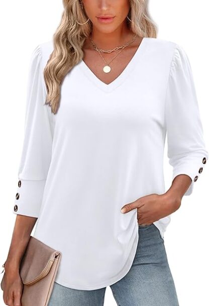 Womens 3/4 Sleeve Tops with Buttons V-Neck Summer Outfits - Image 2