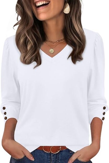 Womens 3/4 Sleeve Tops with Buttons V-Neck Summer Outfits - Image 3